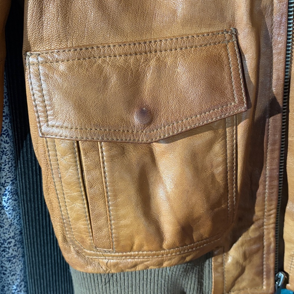 Wilson Tan Leather Bomber Jacket with Patches - Picture 10 of 13